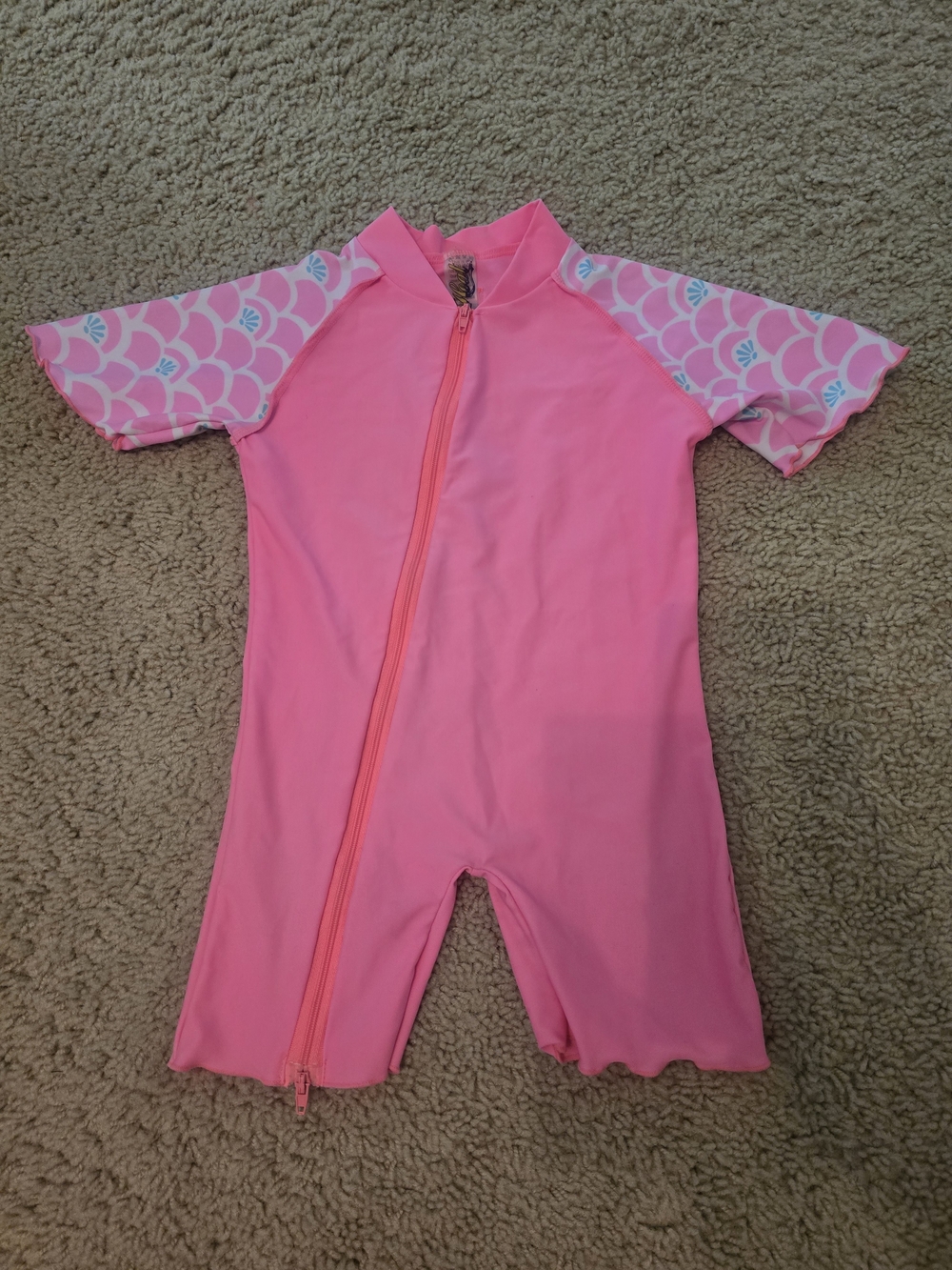 Girls Pink Short-Sleeve Zip-Front Rashguard Swim Suit